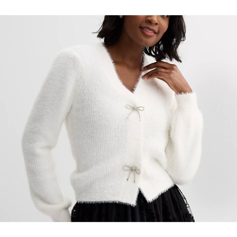 Draper James white fuzzy embellished bow cardigan sweater M